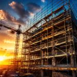 Commercial building under construction with scaffolding and tower cranes representing construction invoice finance.