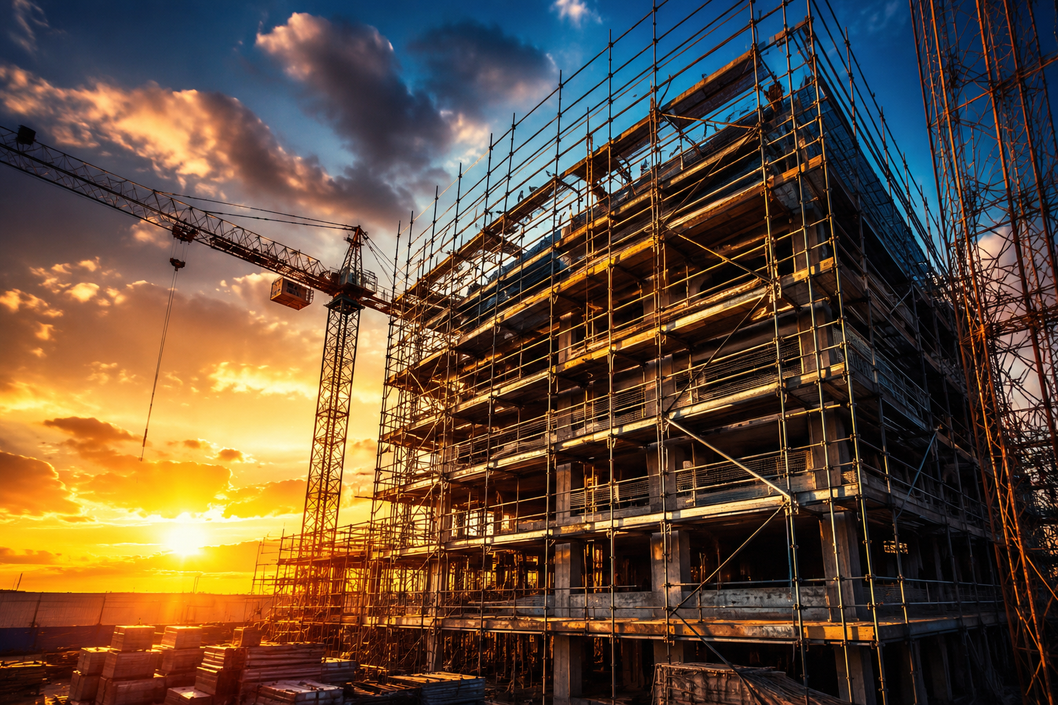 Commercial building under construction with scaffolding and tower cranes representing construction invoice finance