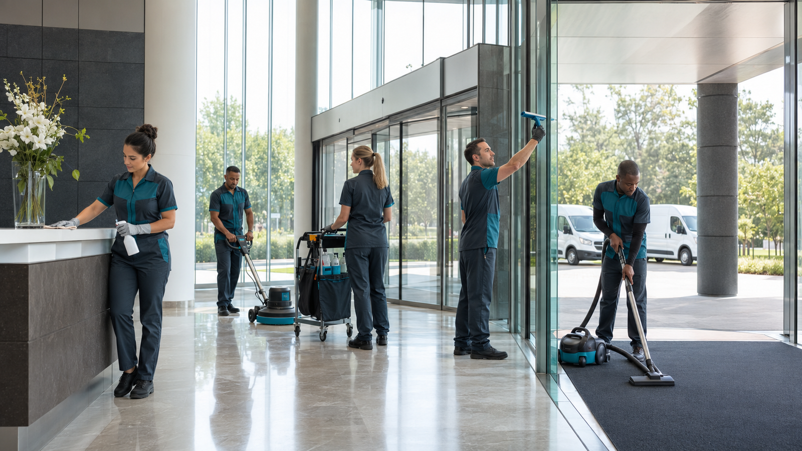 Professional commercial cleaning team working inside a modern corporate headquarters