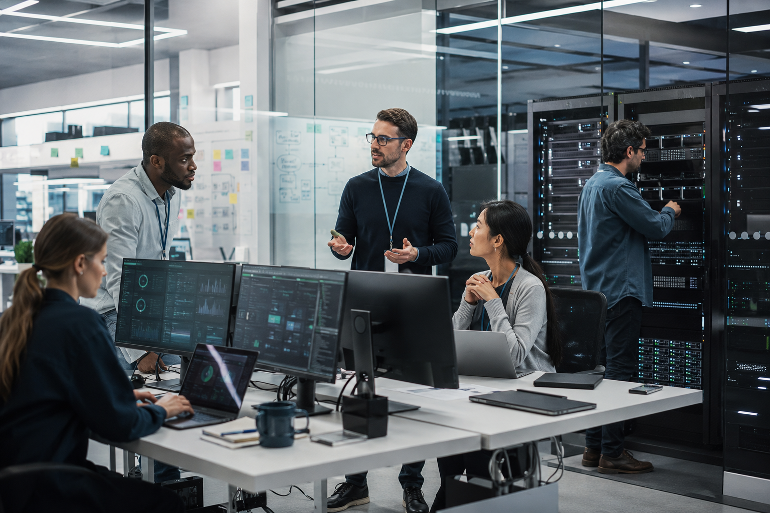 Professional UK IT project team delivering a corporate technology and secure infrastructure project