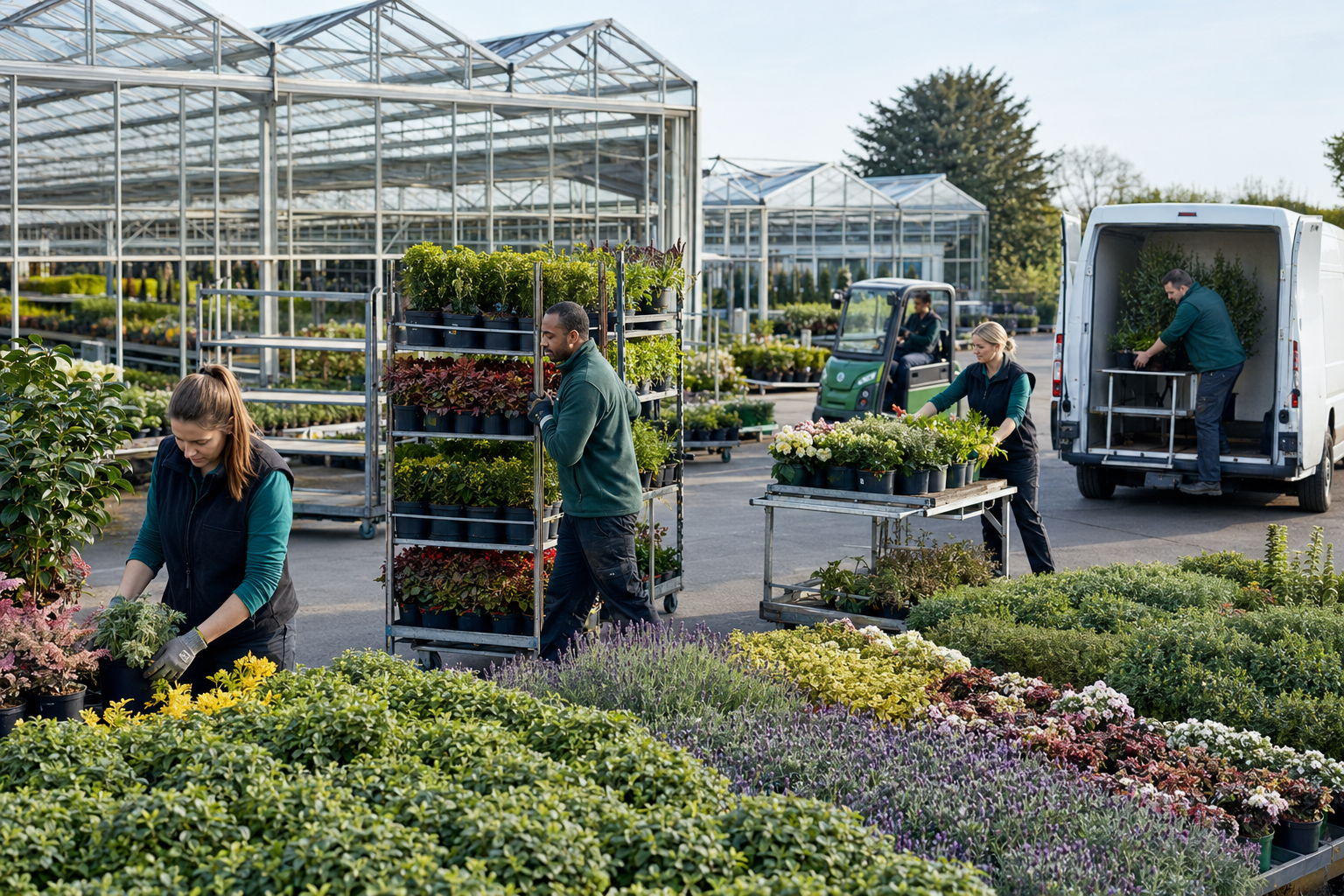 Commercial horticulture team preparing plants for delivery at a UK nursery and garden centre