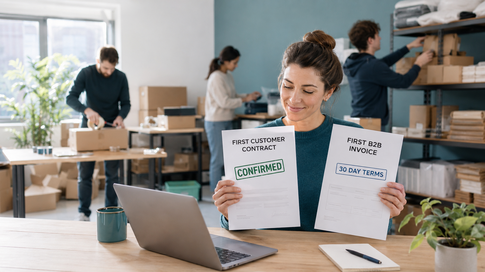 New business owner with a confirmed customer contract and first B2B invoice on 30-day payment terms