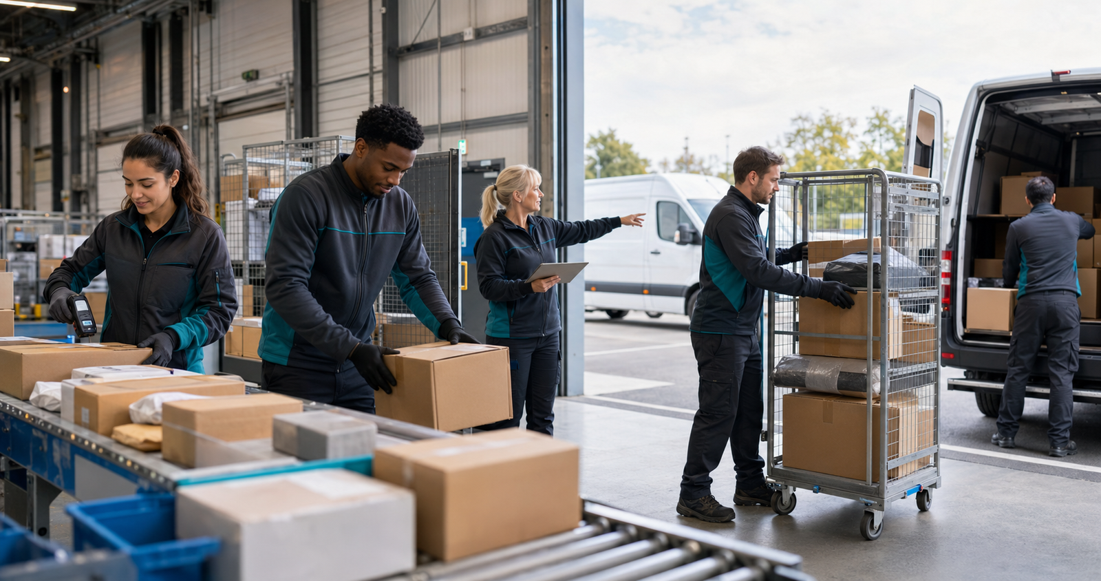 Professional courier and logistics team sorting parcels at a UK distribution depot