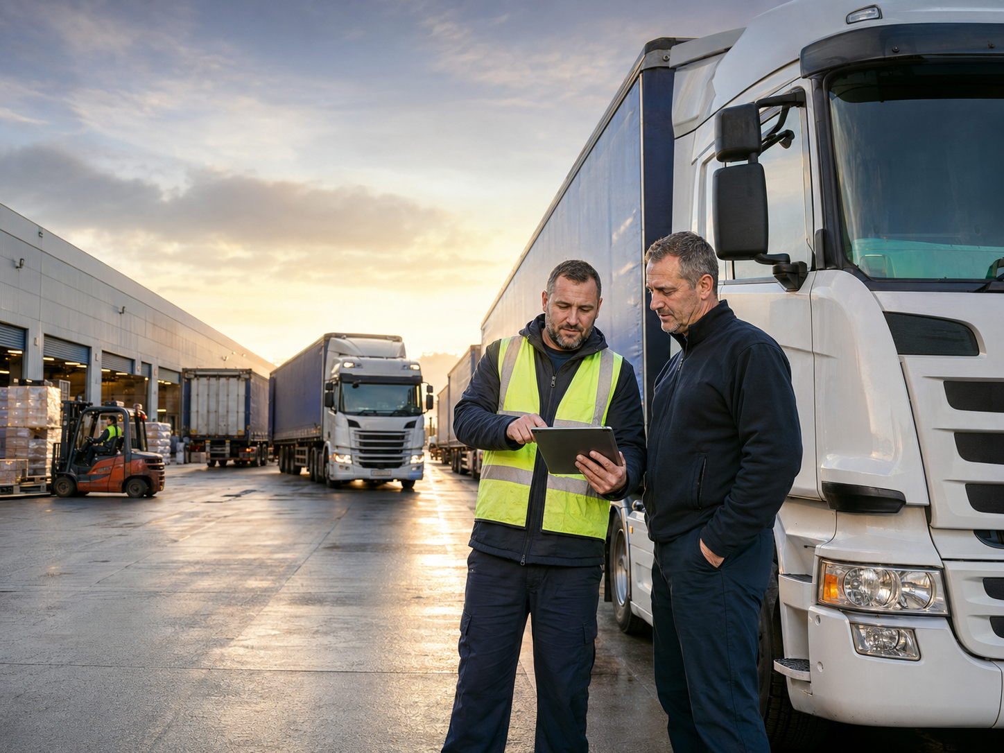 UK haulage fleet manager and HGV driver reviewing transport operations beside commercial lorries at a logistics depot