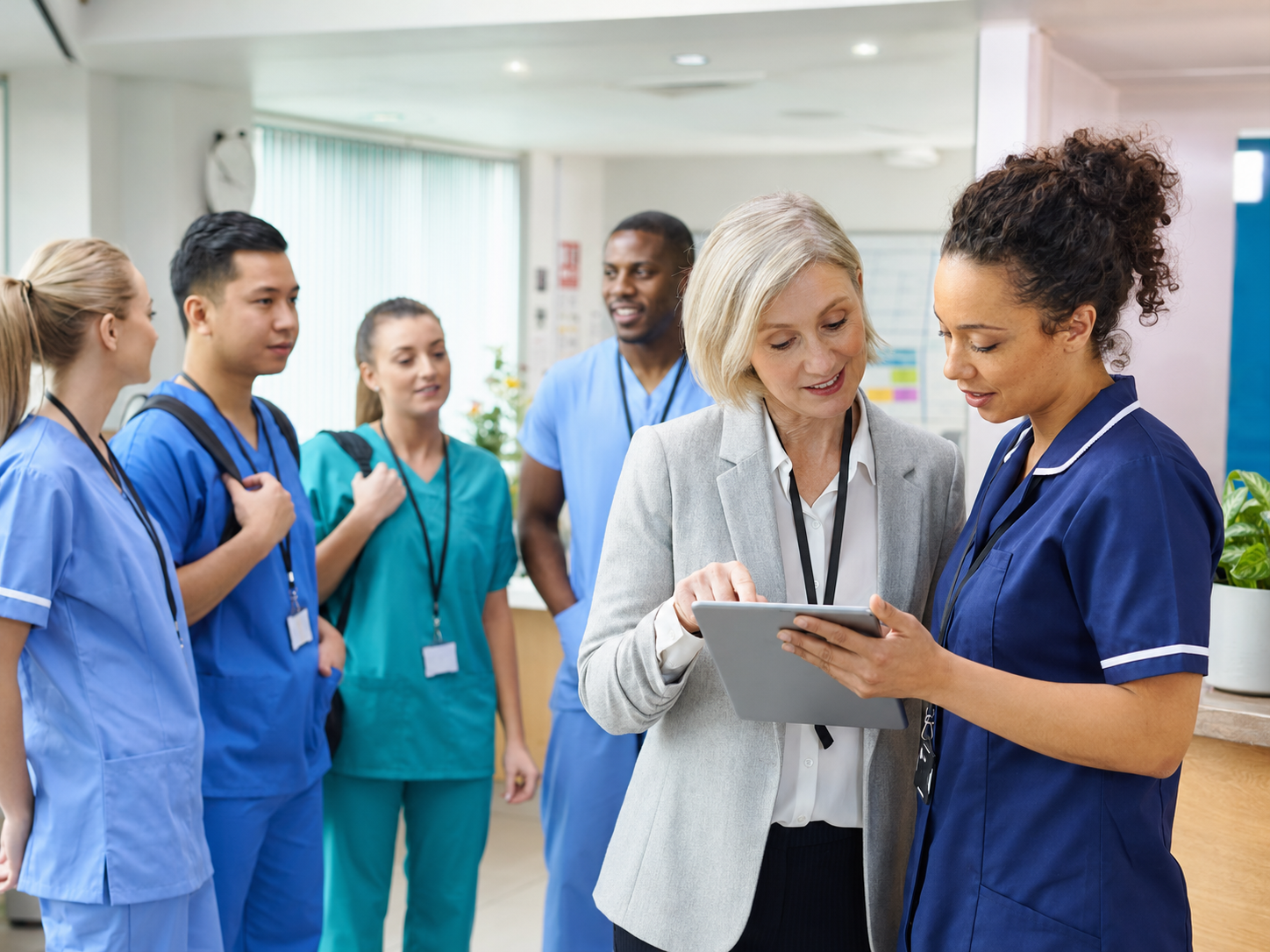 UK healthcare agency manager and nurse coordinator reviewing staffing information with medical professionals ready for placements
