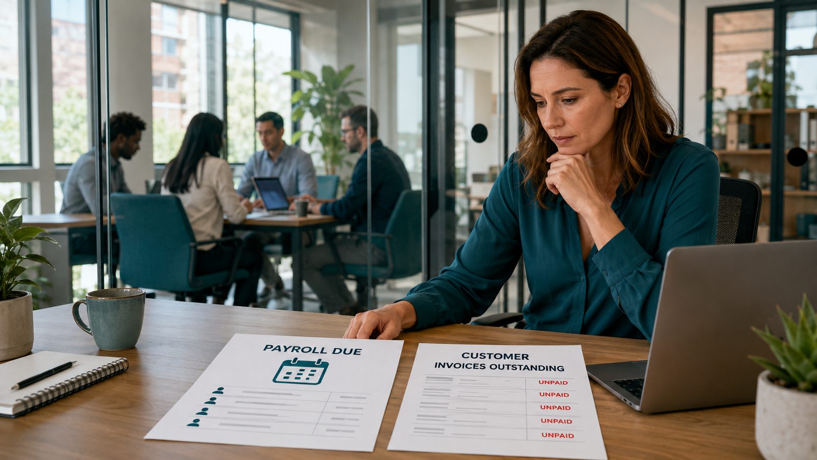Business owner reviewing payroll due while customer invoices remain unpaid