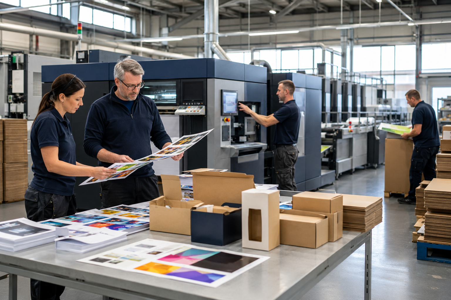 UK commercial printing and packaging team producing marketing materials, printed sheets and cardboard packaging