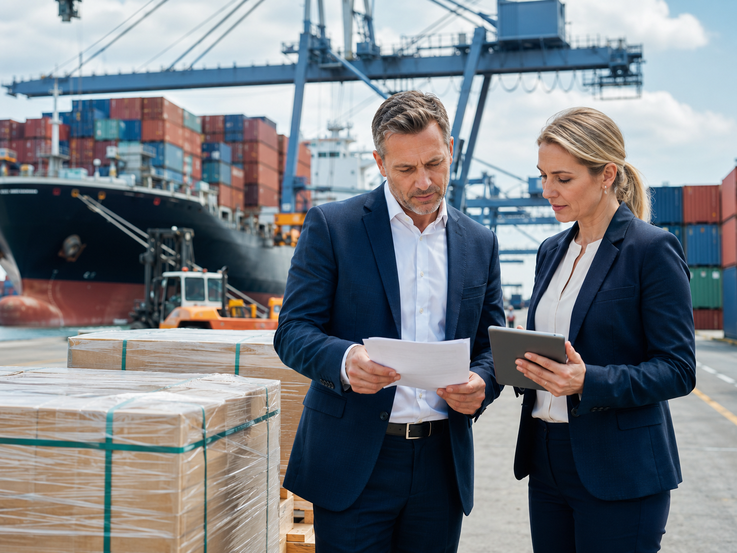 UK export managers reviewing shipping documents beside goods at an international container port