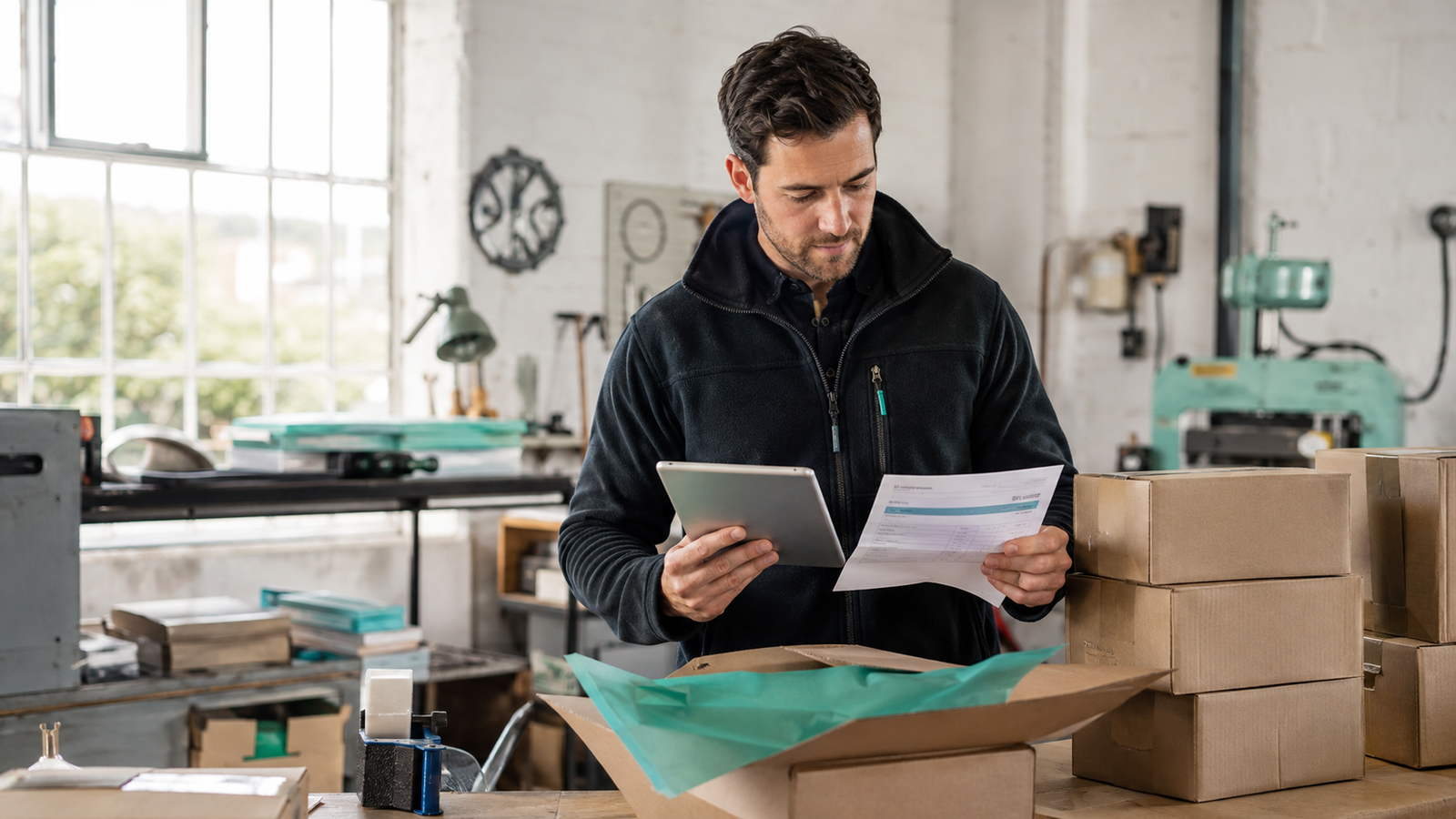 UK start-up owner reviewing a completed customer invoice beside finished orders ready for dispatch
