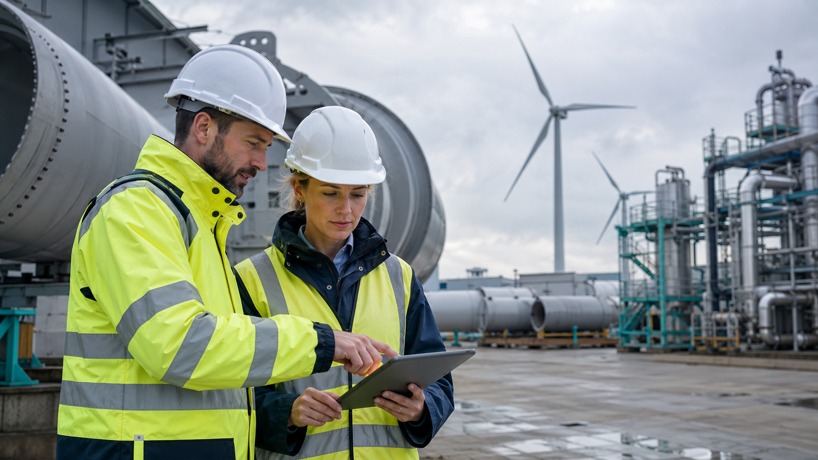 UK construction and manufacturing specialists discussing surety bonds at a renewable-energy and process-engineering site