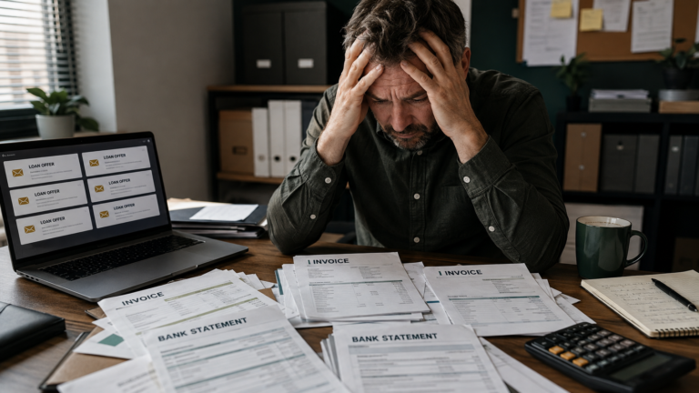 UK business owner overwhelmed by expensive loan offers while reviewing unpaid invoices and bank statements