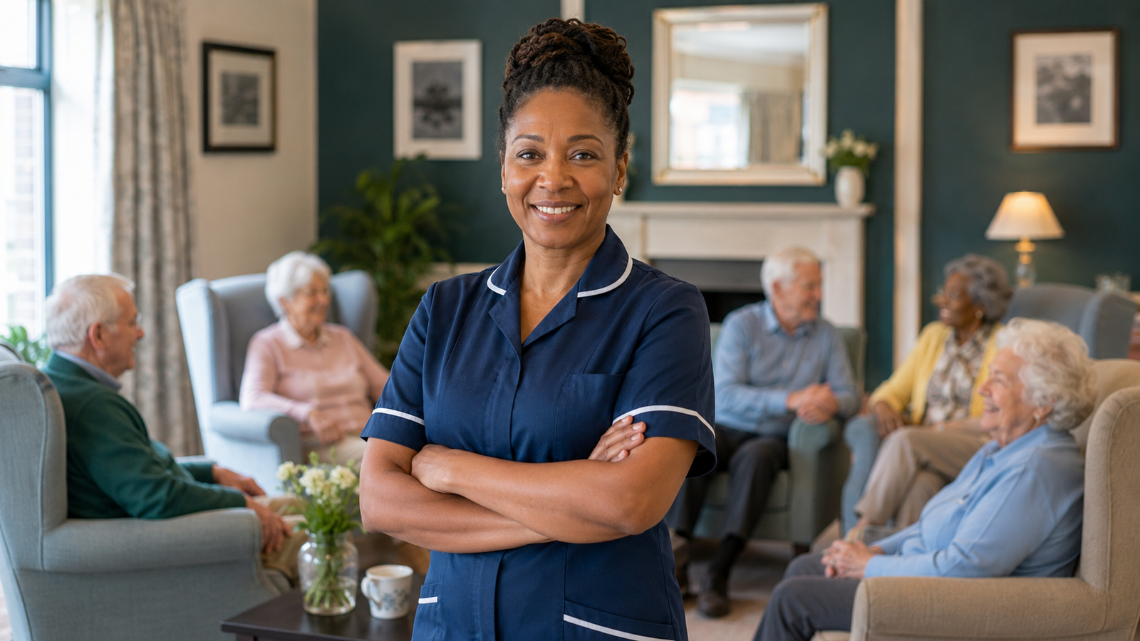 Nurse in a UK care home with elderly residents