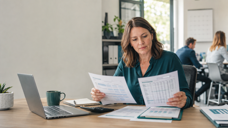 UK business owner reviewing payroll and unpaid customer invoices before the wage payment deadline
