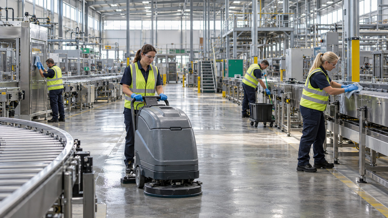 Industrial cleaners working around conveyor belts inside a large modern factory