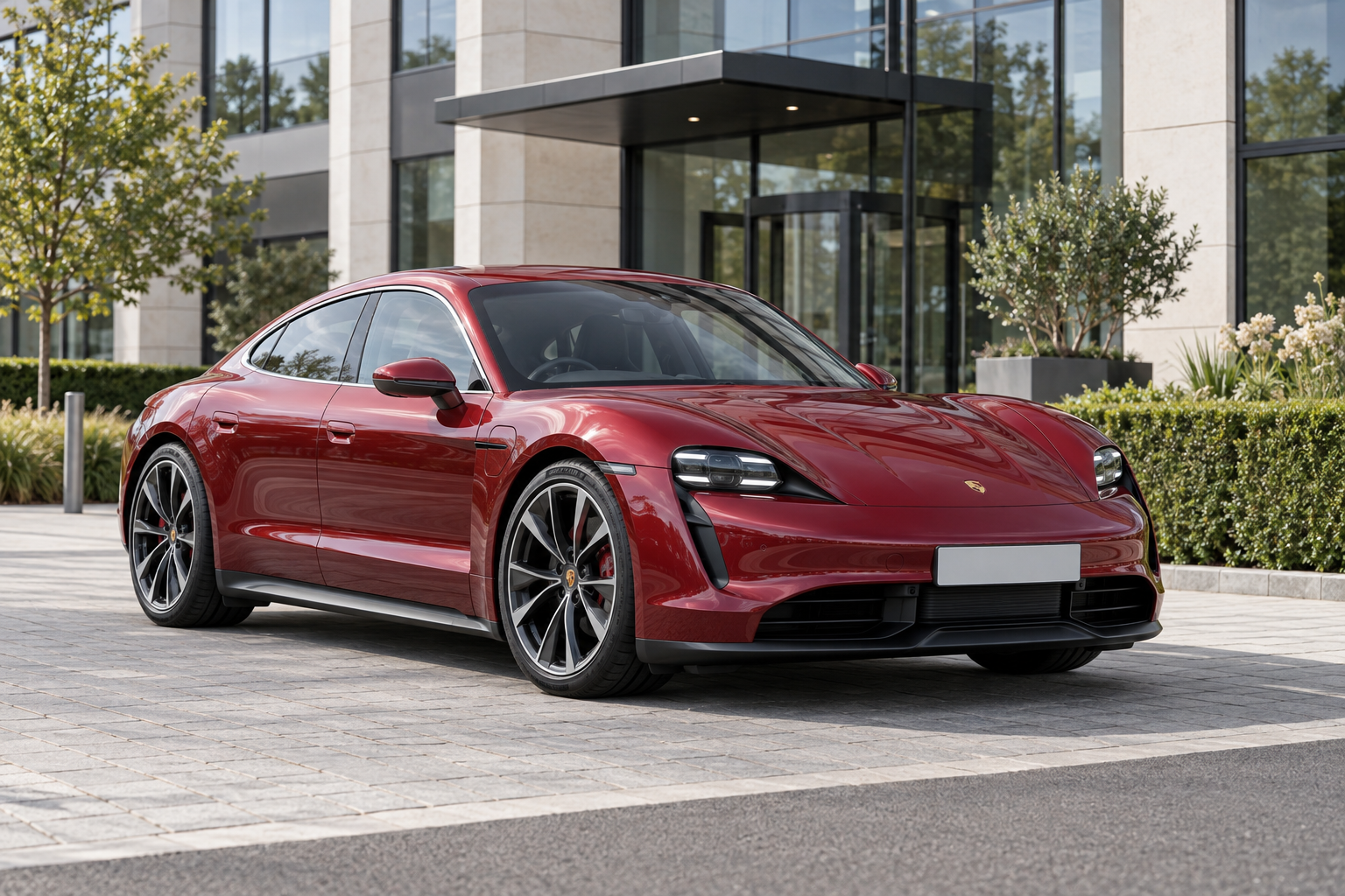 Red electric Porsche parked outside a modern office building