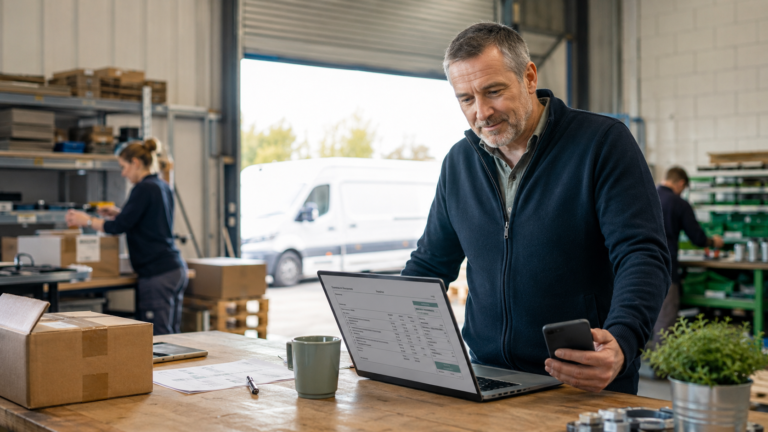 Experienced UK business owner reviewing invoices after starting a new company