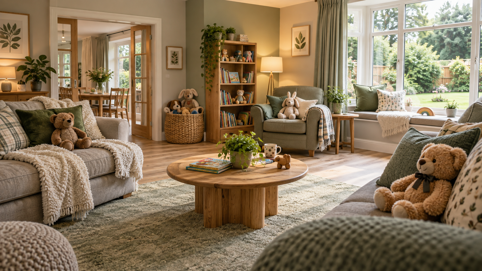 Welcoming children’s care-home lounge with comfortable sofas, teddy bears and a reading corner